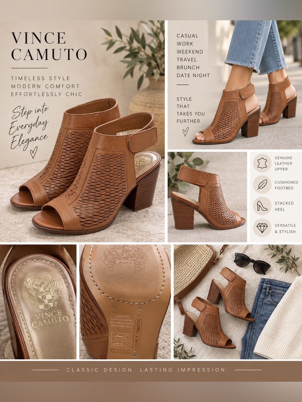 Vince Camuto Cognac Brown Perforated Leather Peep-Toe Block Heel Sandals